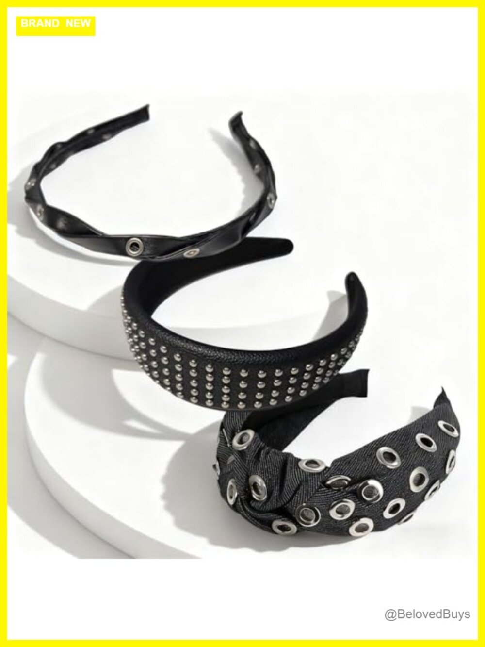 3 Pack Studded Faux Leather Denim Headbands Set Punk Gothic Y2K Hair Accessories